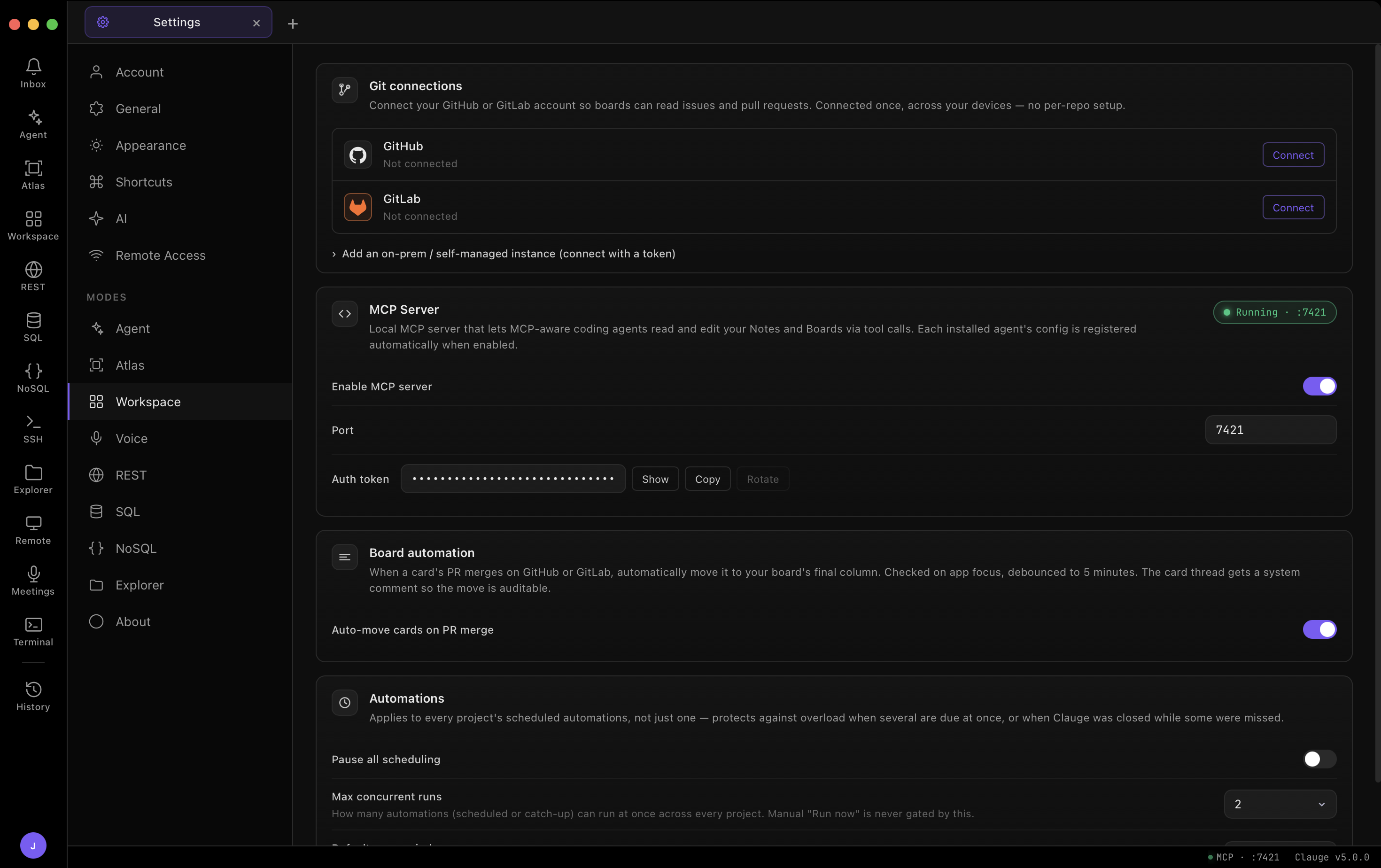 Workspace settings — Git connections, MCP server, and board automation